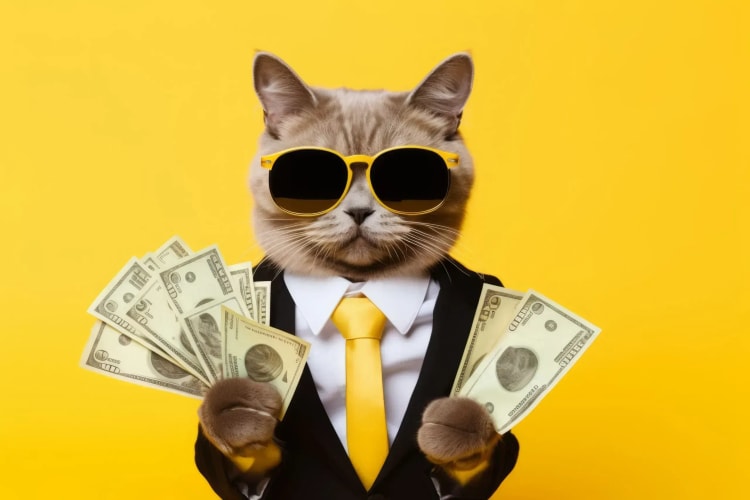 Chat portant des lunettes de soleil à côté de pièces de monnaie, illustrant l’idée d’épargner avec humour