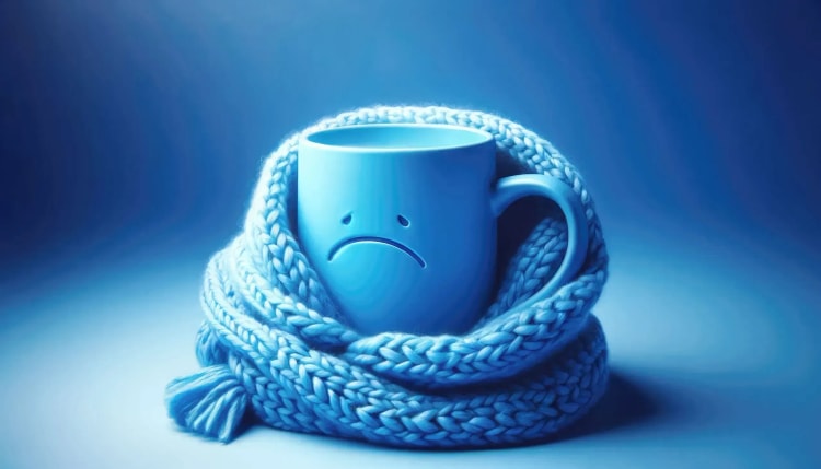 Tasse bleue et écharpe évoquant le froid du Blue Monday