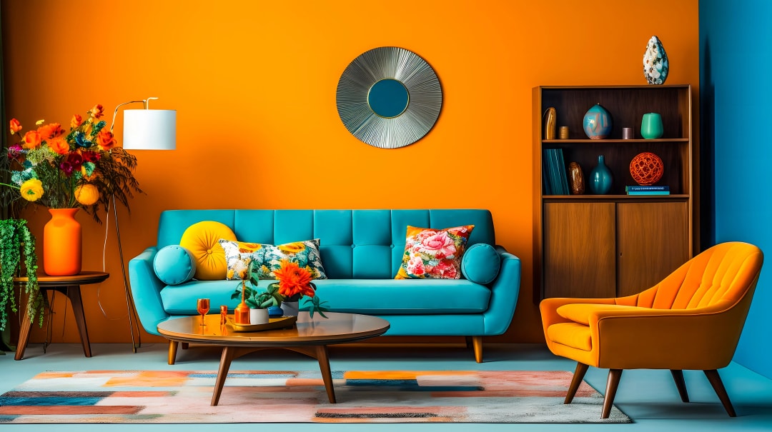 Un canapé bleu est placé devant un mur de couleur orange dans un salon.