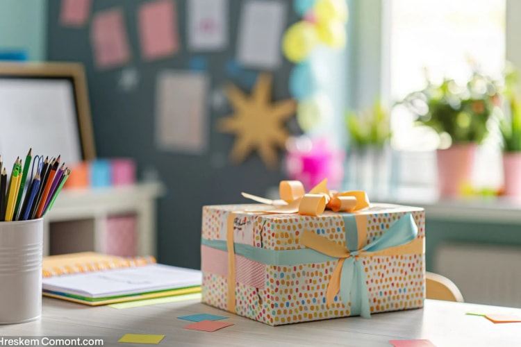 Cadeau sur bureau illustrant le prêt professionnel avec assurance.