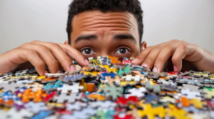 Homme tenant des pièces de puzzle, symbolisant le regroupement de crédits pour une meilleure gestion financière